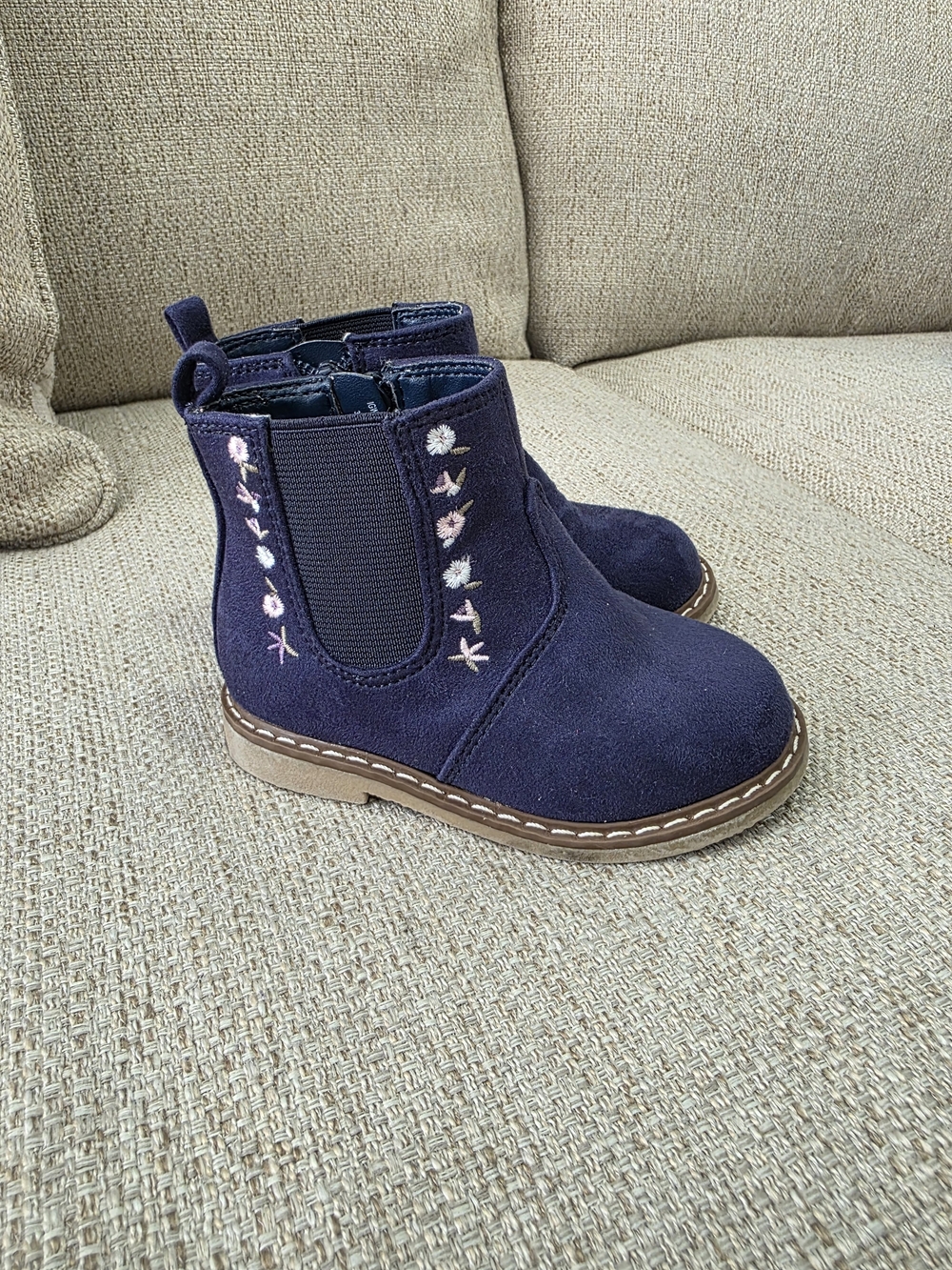 wonder nation Navy Suede Chelsea Boots with Pink & Cream Floral Stitching
